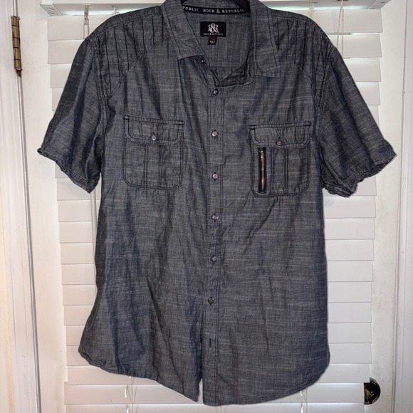 Rock & Republic XXL Gray Denim Short Sleeve Button Up Shirt Men's - Picture 1 of 5